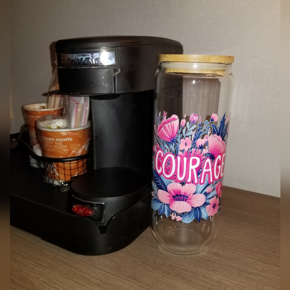 24oz 'Courage' Pink Floral Design Glass Tumbler with Bamboo Lid And Straw